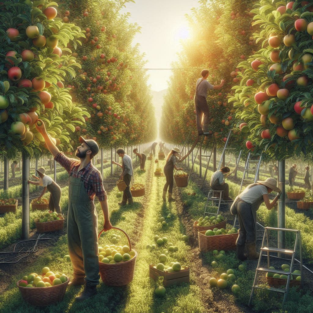 Berba voća u voćnjaku – radnici beru jabuke i kruške u intenzivnom zasadu