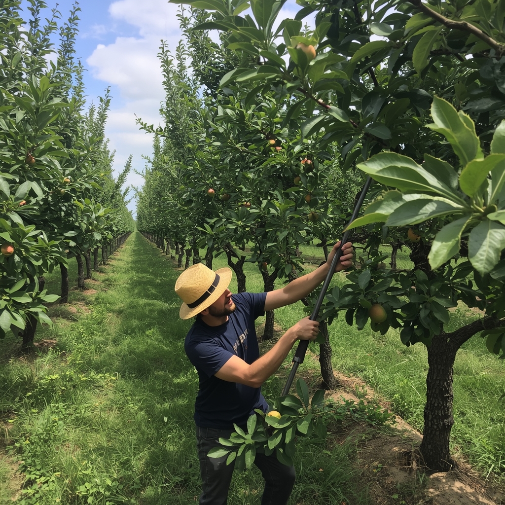 Letnja rezidba voćaka u voćnjaku – uklanjanje suvišnih izdanaka tokom aktivnog rasta.