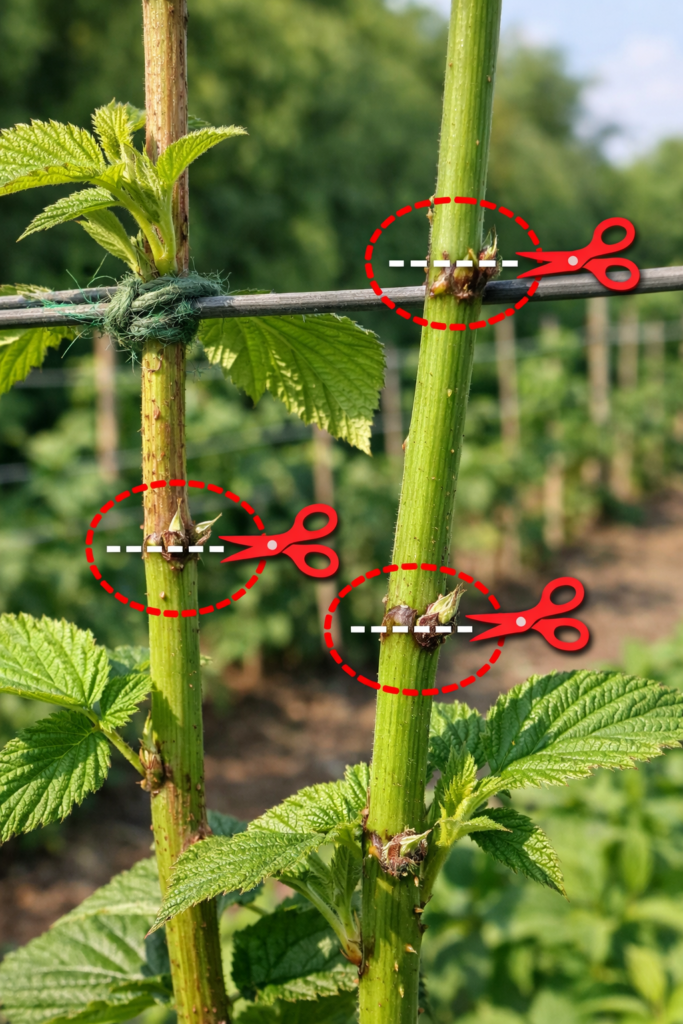 Mlad izdanci maline sa pravilno označenim mestima za rezidbu u spalirnom sistemu