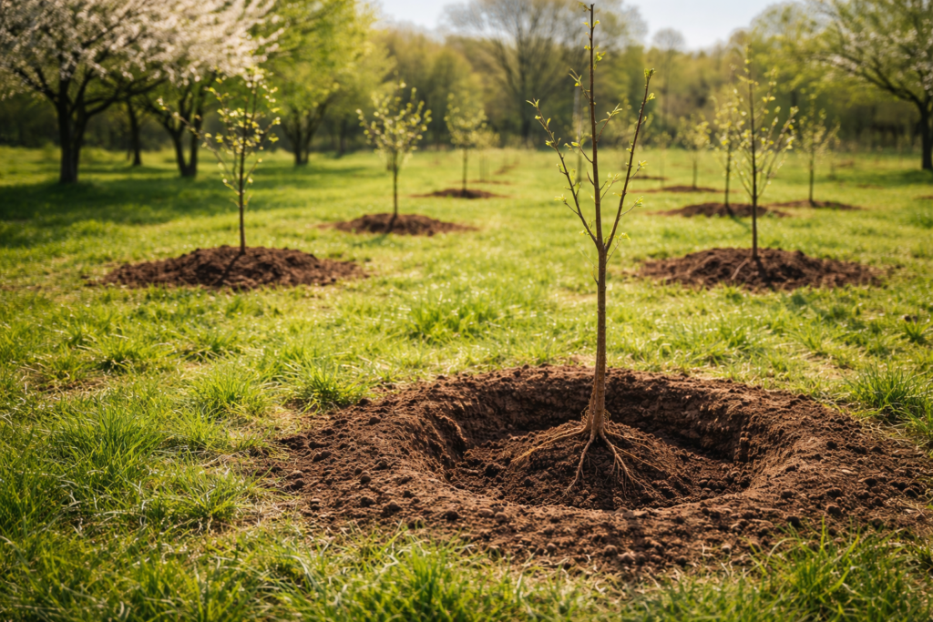 Mlada sadnica voćke u pripremljenoj rupi sa pravilno raspoređenim korenjem
