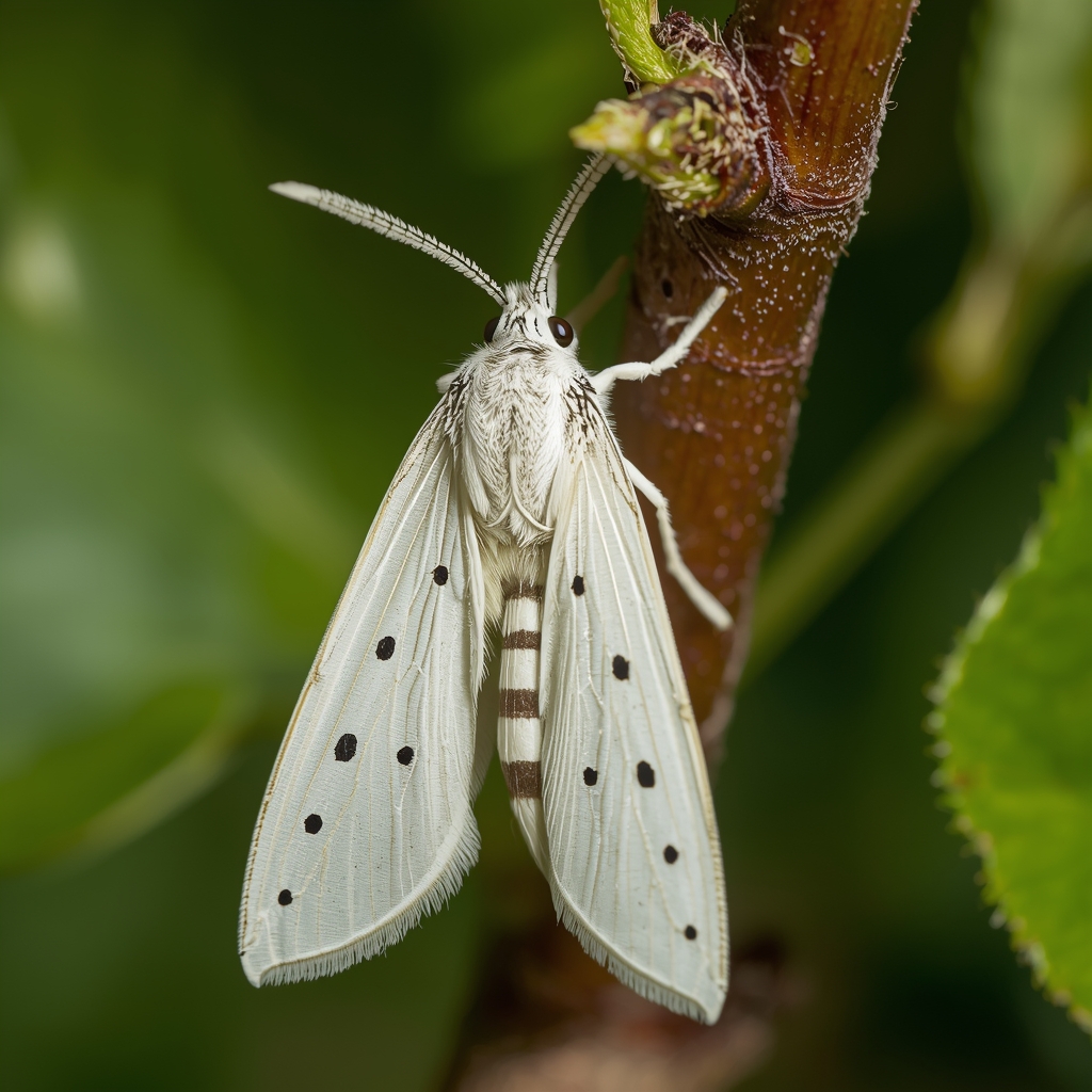 Leptir jabučnog moljca na grani jabuke, belih krila sa crnim tačkicama.